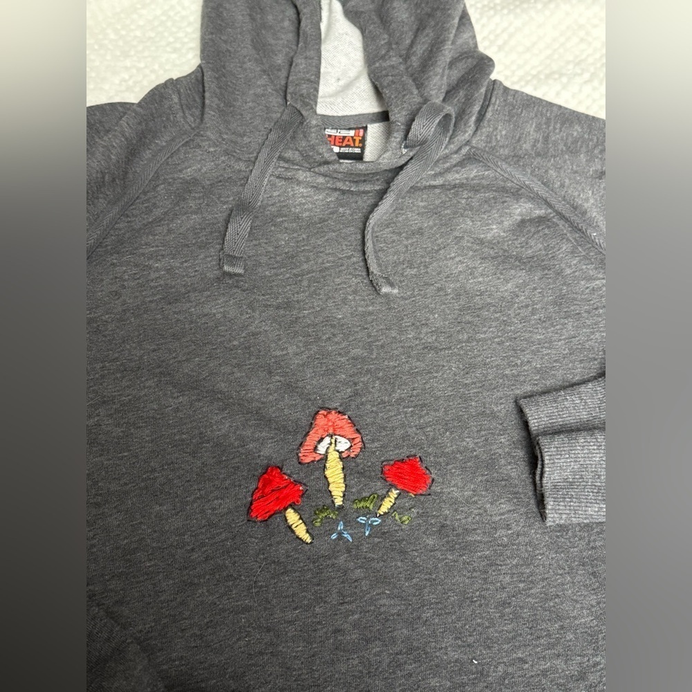 Gray Hooded Sweatshirt w/ Embroidered Mushrooms M/L